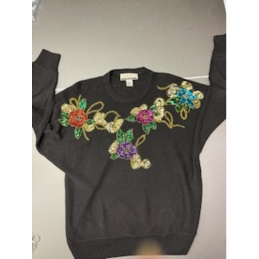Diana Marco Vintage Gray Sequin Floral Knit Sweater Ramie Cotton Blend Size 20